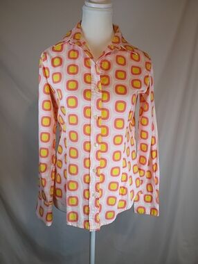 Leslie Evers XS Retro Style Geometric Prints Cuffed Long Slvs Pink Yellow Shirt
